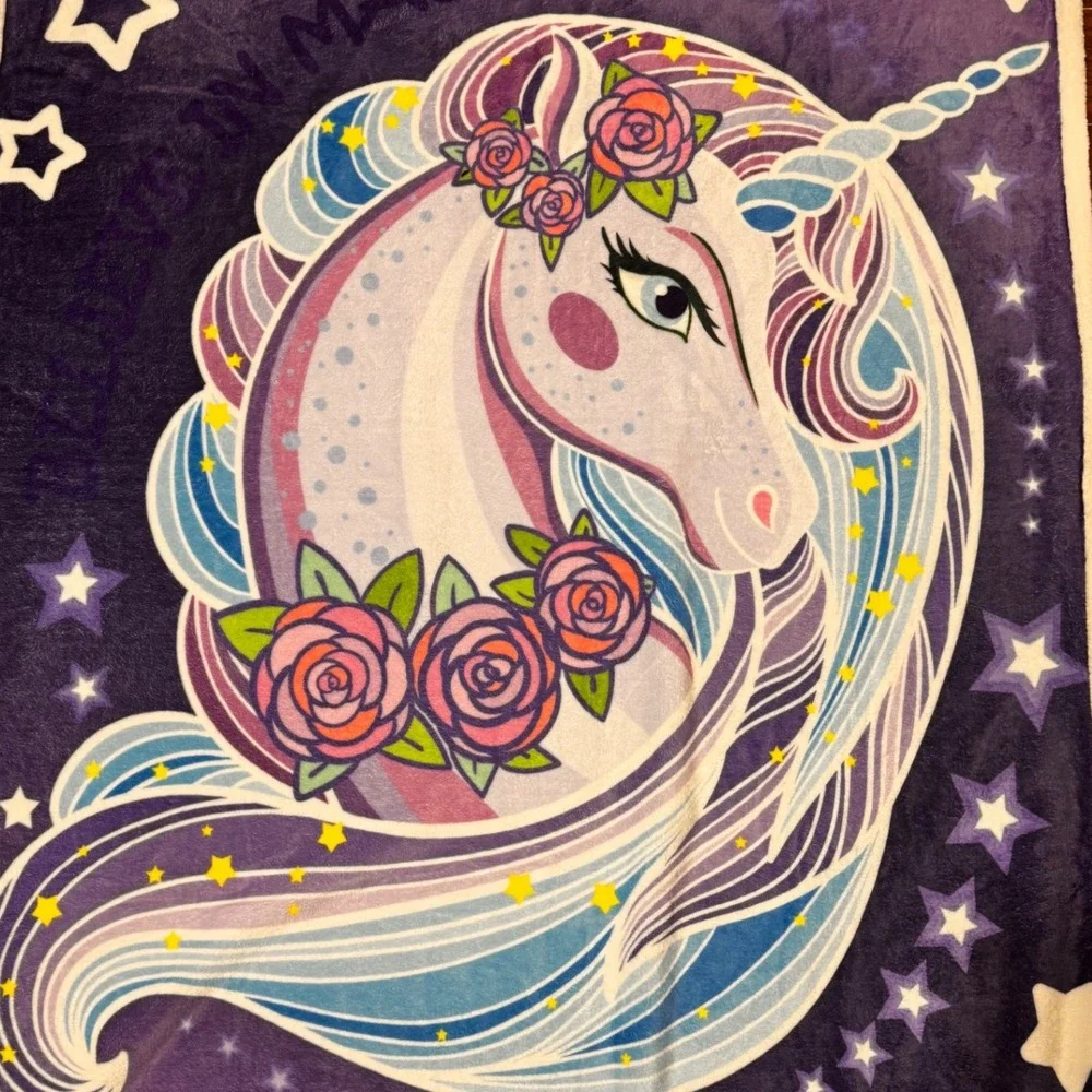 Magical‎ Unicorn Stars Purple Fleece Throw Blanket Cozy Soft 58x45